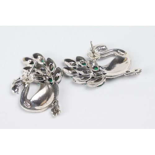 225 - Pair of Silver Marcasite and Emerald set Earrings in the form of Swans