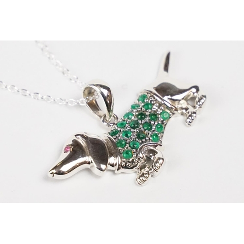 231 - Silver Dachshund Dog Pendant Necklace with Emerald Coat