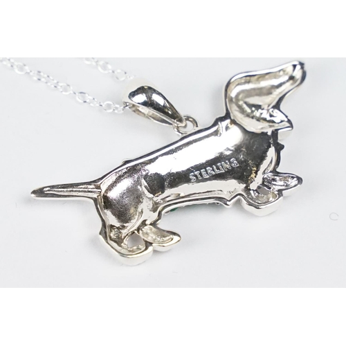 231 - Silver Dachshund Dog Pendant Necklace with Emerald Coat