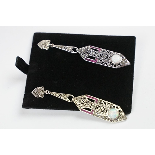 258 - Pair of Silver Marcasite and Ruby Earrings in the Art Deco style