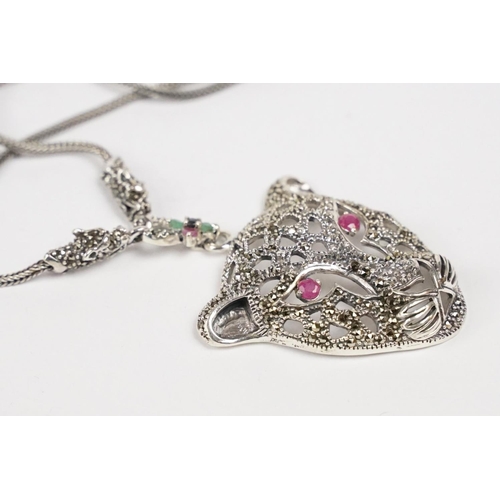 270 - Silver Leopard Headed Necklace with Ruby eyes