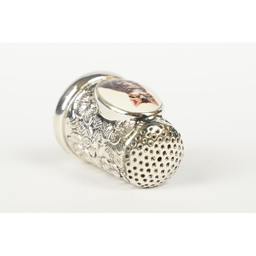 303 - Silver Thimble with enamel plaque