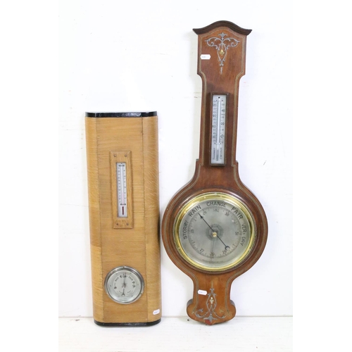 157 - Late 19th / early 20th century mahogany banjo wall barometer with silvered dial & thermometer and br... 