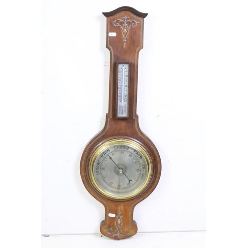 157 - Late 19th / early 20th century mahogany banjo wall barometer with silvered dial & thermometer and br... 