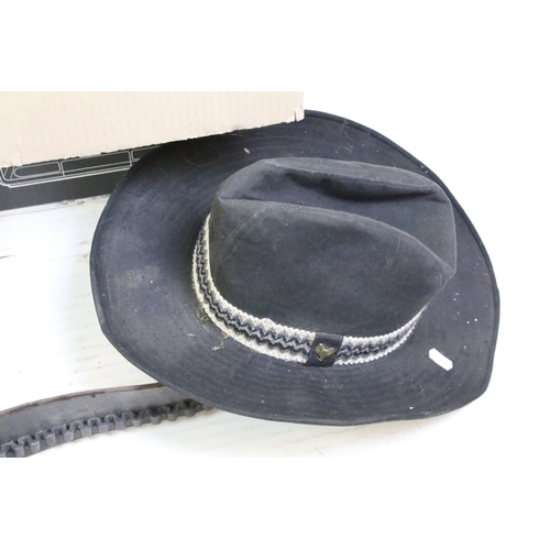 397 - Collection of Americana cowboy hats and western belts to include a good selection of leather pistol ... 