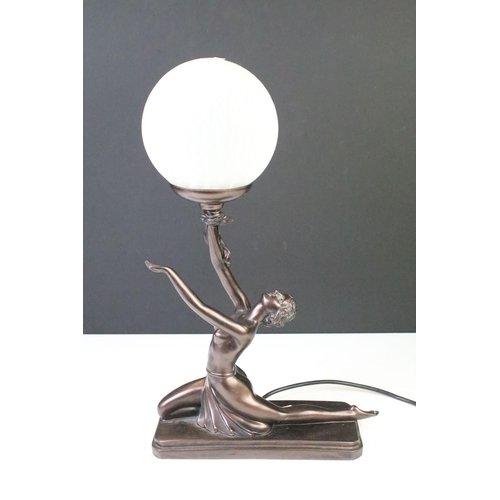 405 - Three Art Deco style table lamps to include two bronzed base examples with female figures, and one w... 