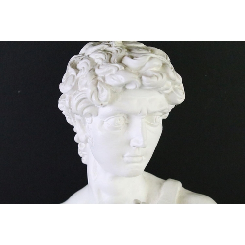 122 - Composite figurine of Michelangelo's David raised on a black plinth base together with a Wedgwood na... 