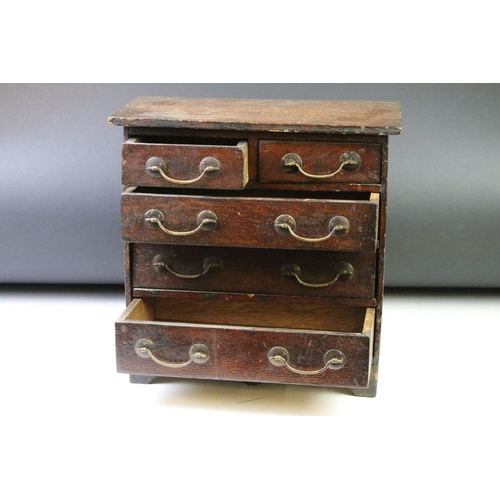 161 - Late 19th / early 20th C oak apprentice piece chest of two short over three long drawers, with brass... 