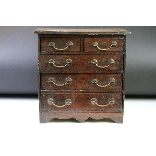 161 - Late 19th / early 20th C oak apprentice piece chest of two short over three long drawers, with brass... 