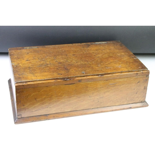 169 - 19th century oak Bible box together with two decorative marquetry boxes, a 19th Century wooden money... 