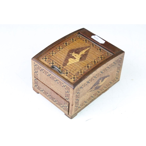 169 - 19th century oak Bible box together with two decorative marquetry boxes, a 19th Century wooden money... 