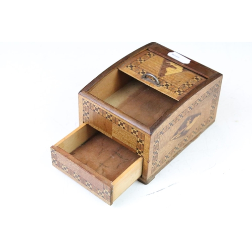 169 - 19th century oak Bible box together with two decorative marquetry boxes, a 19th Century wooden money... 