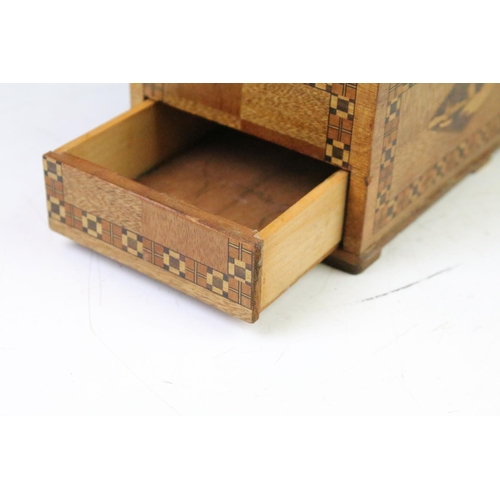 169 - 19th century oak Bible box together with two decorative marquetry boxes, a 19th Century wooden money... 