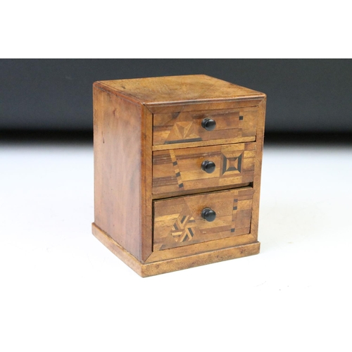 169 - 19th century oak Bible box together with two decorative marquetry boxes, a 19th Century wooden money... 