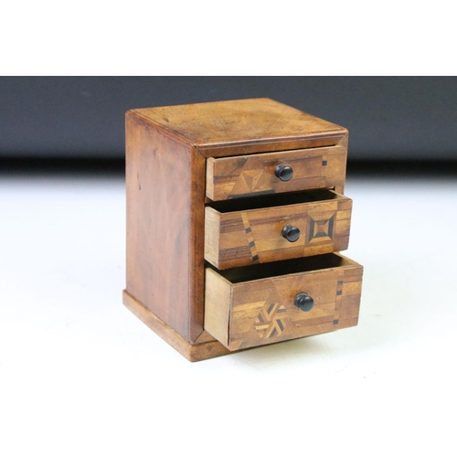 169 - 19th century oak Bible box together with two decorative marquetry boxes, a 19th Century wooden money... 