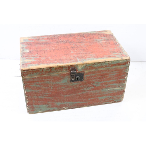 180 - 19th century Pine Blanket or Tack Box with a distressed painted finish and two iron carrying handles... 