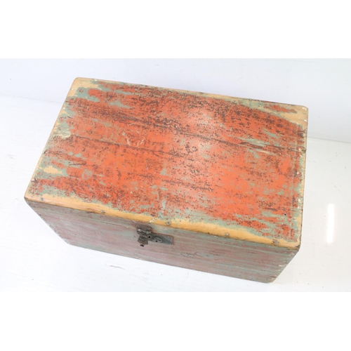 180 - 19th century Pine Blanket or Tack Box with a distressed painted finish and two iron carrying handles... 