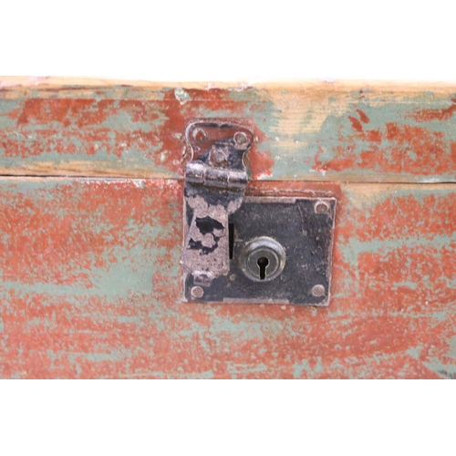 180 - 19th century Pine Blanket or Tack Box with a distressed painted finish and two iron carrying handles... 