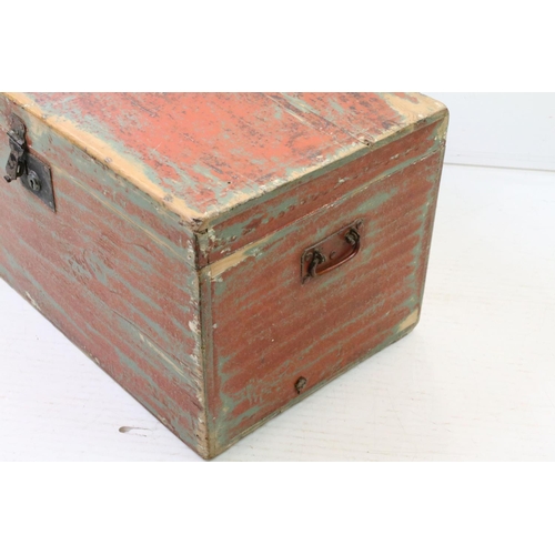 180 - 19th century Pine Blanket or Tack Box with a distressed painted finish and two iron carrying handles... 