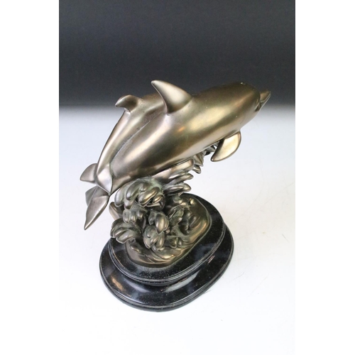 182 - Bronze Effect Pod of Dolphins on a Marble Base