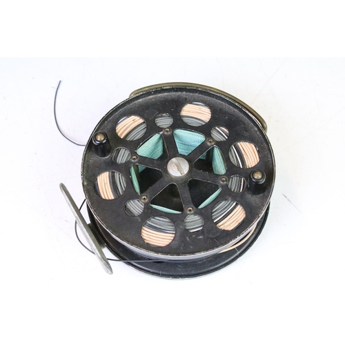 184 - Allcocks fly fishing reel together with a tin of assorted fishing line including Hardy and a fly fis... 