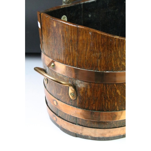 188 - 19th Century oak coal scuttle / peat bucket being copper bound with hinged handle to top with makers... 