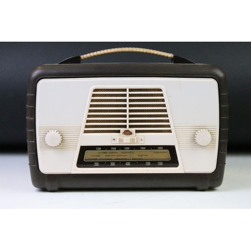 199A - Art Deco Brown and Cream Bakelite Ultra Electric Ltd Carnival Twin R746 Radio, 30cm wide