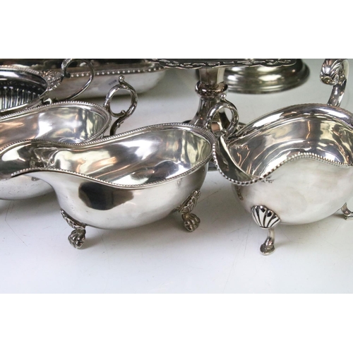 375 - Collection of silver plated items to include a Harrods gravy boat, two Sheffild plate examples, lidd... 