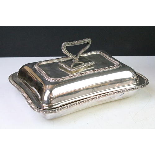 375 - Collection of silver plated items to include a Harrods gravy boat, two Sheffild plate examples, lidd... 