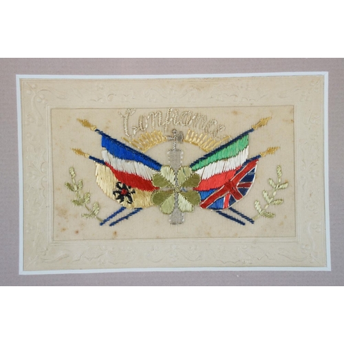 133 - WW1 framed silk postcard presentation, comprising six embroidered silk postcards featuring 'Confianc... 