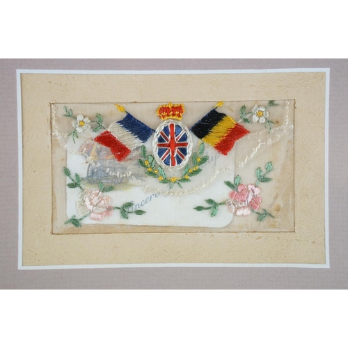 133 - WW1 framed silk postcard presentation, comprising six embroidered silk postcards featuring 'Confianc... 