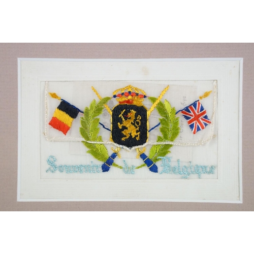 133 - WW1 framed silk postcard presentation, comprising six embroidered silk postcards featuring 'Confianc... 