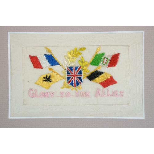 133 - WW1 framed silk postcard presentation, comprising six embroidered silk postcards featuring 'Confianc... 