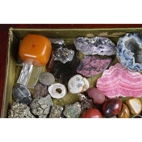 136 - Collection of minerals / crystals featuring Rhodochrocite, Pyrite, geodes, etc, housed within a beve... 