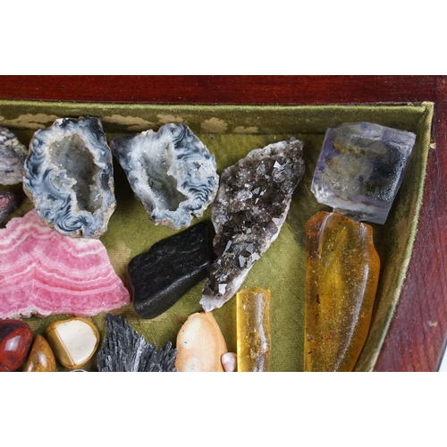 136 - Collection of minerals / crystals featuring Rhodochrocite, Pyrite, geodes, etc, housed within a beve... 