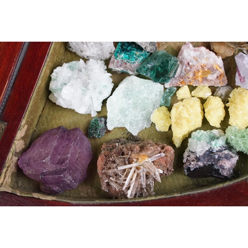 136 - Collection of minerals / crystals featuring Rhodochrocite, Pyrite, geodes, etc, housed within a beve... 