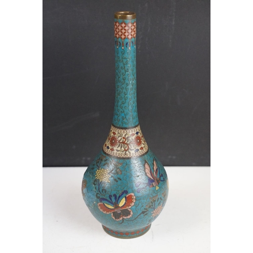 144 - 18th / 19th Century Chinese Cloisonne blue ground bottle vase decorated with butterflies and a flora... 