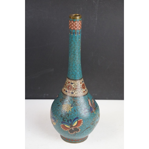 144 - 18th / 19th Century Chinese Cloisonne blue ground bottle vase decorated with butterflies and a flora... 