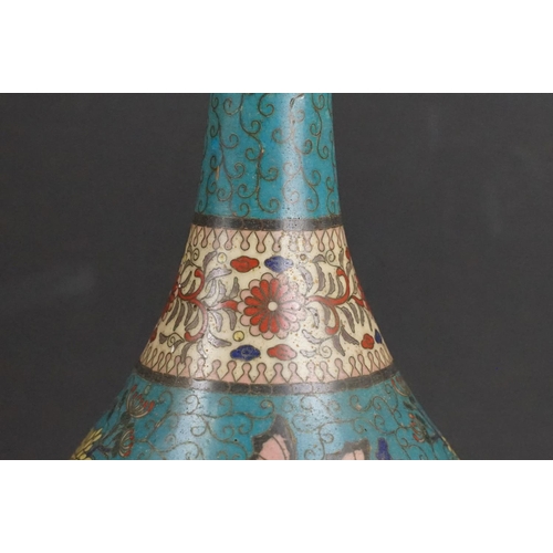 144 - 18th / 19th Century Chinese Cloisonne blue ground bottle vase decorated with butterflies and a flora... 