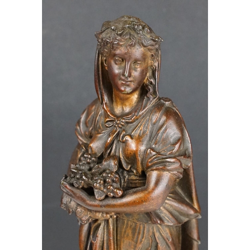 149 - Pair of bronze effect metal sculptures of classical maidens grasping crops in their hands, raised up... 