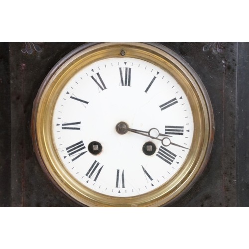 170 - Victorian slate mantel clock with marble panels, the circular white enamel dial with Roman numerals,... 