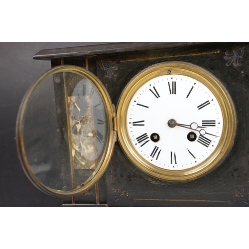 170 - Victorian slate mantel clock with marble panels, the circular white enamel dial with Roman numerals,... 