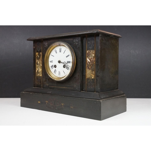 170 - Victorian slate mantel clock with marble panels, the circular white enamel dial with Roman numerals,... 