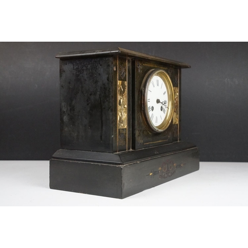 170 - Victorian slate mantel clock with marble panels, the circular white enamel dial with Roman numerals,... 