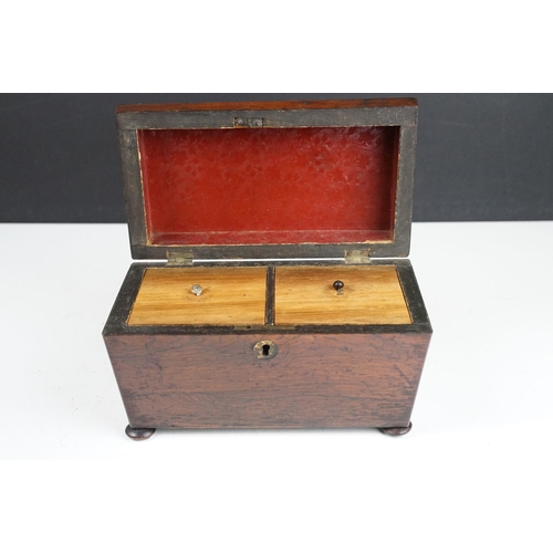 173 - 19th Century oak tea caddy having a domed top, tapering sides and bun feet. the box opens to reveal ... 