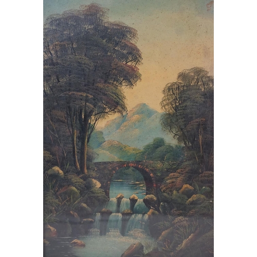 513 - 19th century English School, bridge with waterfall amongst wooded scene with mountains beyond, oil o... 