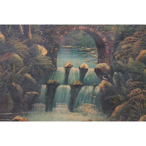 513 - 19th century English School, bridge with waterfall amongst wooded scene with mountains beyond, oil o... 