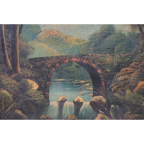 513 - 19th century English School, bridge with waterfall amongst wooded scene with mountains beyond, oil o... 