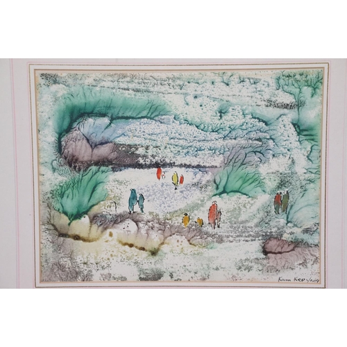 516 - Kam Kee Yong, Framed Mixed Media Painting depicting figures in an open landscape, 20.5cm x 27cm