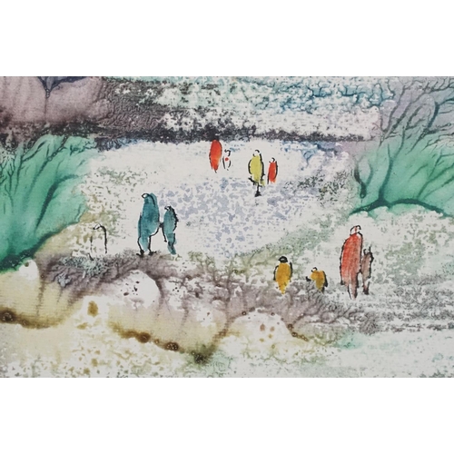 516 - Kam Kee Yong, Framed Mixed Media Painting depicting figures in an open landscape, 20.5cm x 27cm